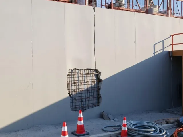 A tall concrete wall with a patch of exposed reinforcing mesh and coiled hose at its base.